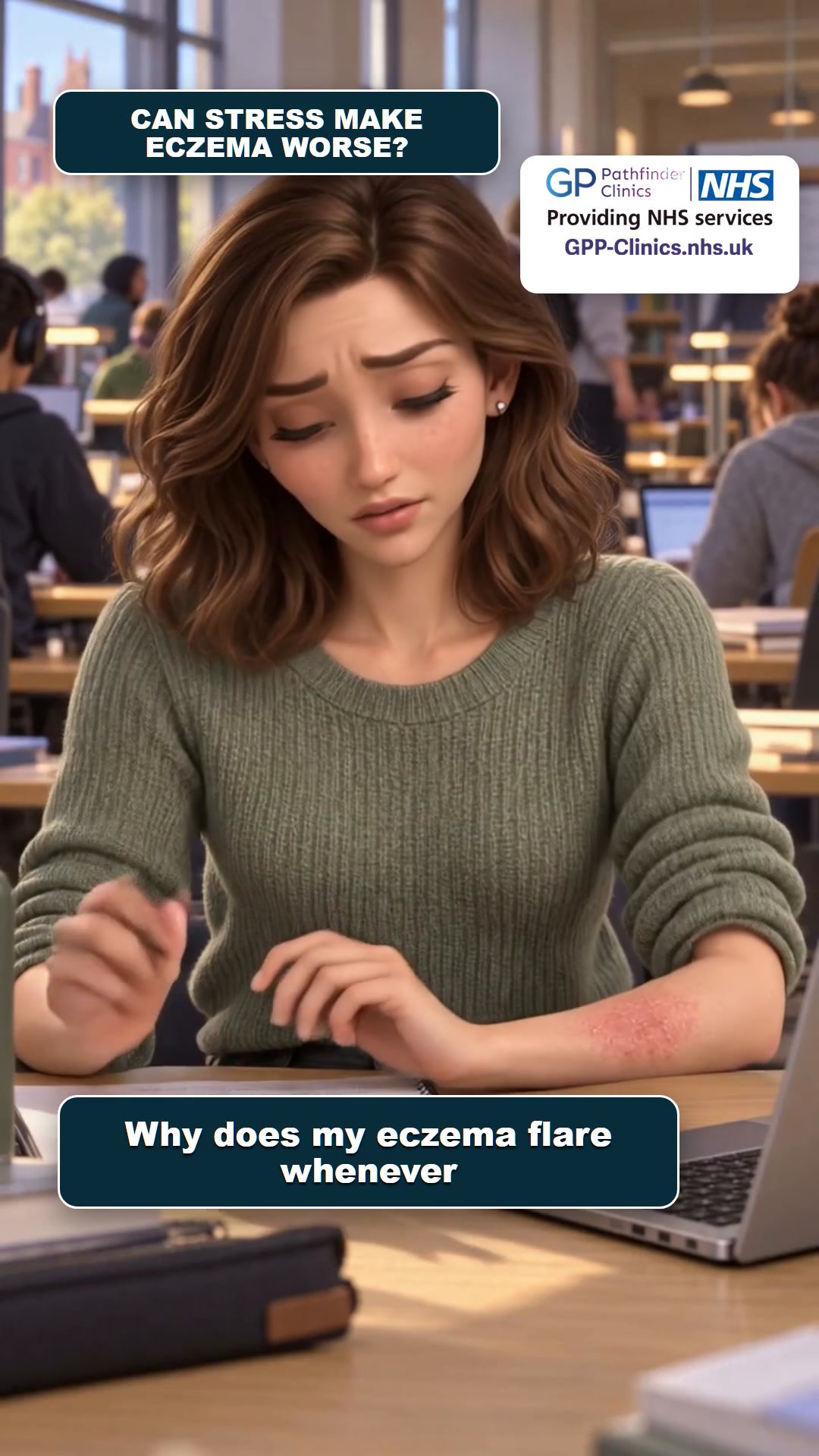 Animated patient looking concerned about an eczema flare