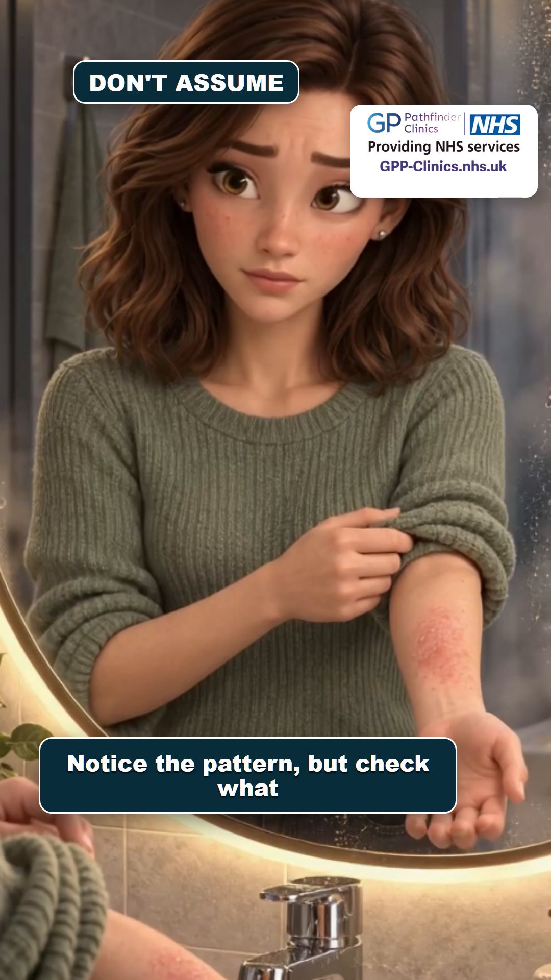 Animated patient checking an eczema flare on her arm