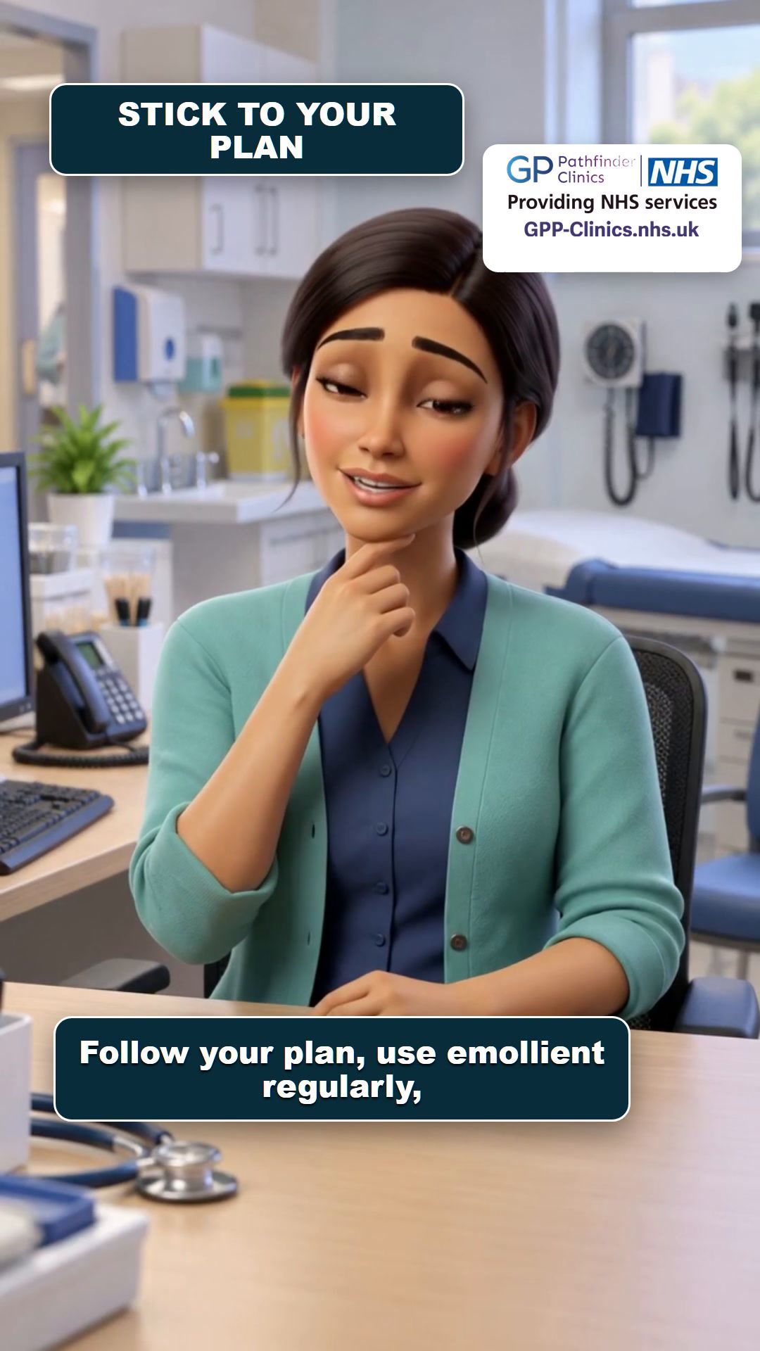 Animated NHS clinician giving eczema self-care guidance